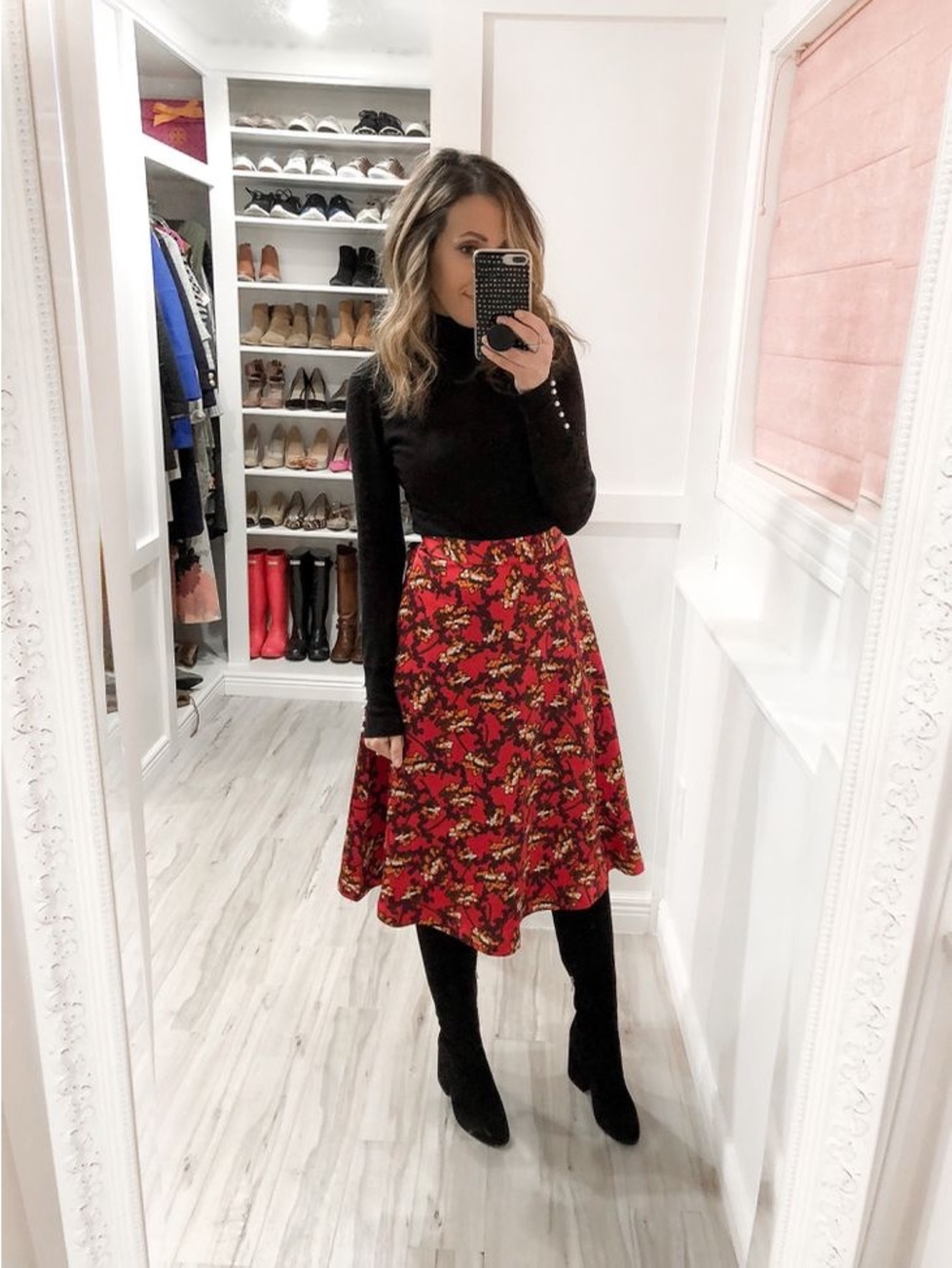 NWT Ann Taylor Red Floral A-Line Midi Skirt Fall Autumn Size 0